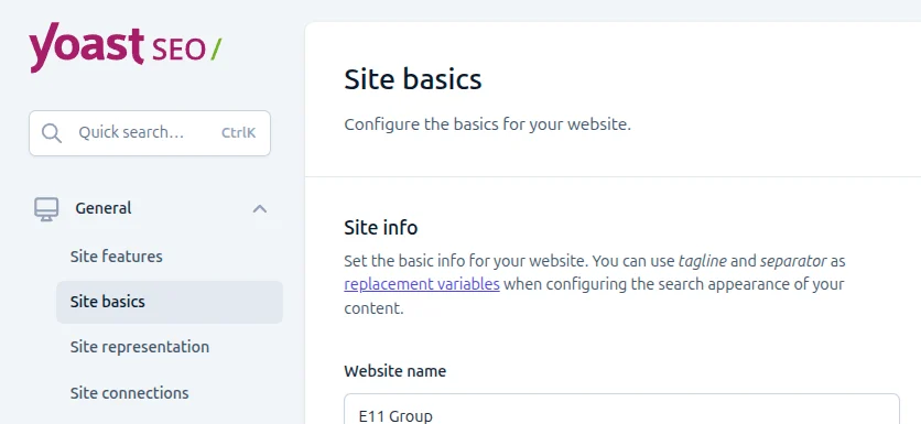 Yoast SEO Settings menu with Site basics selected