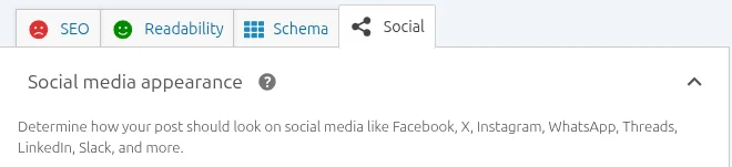 The Social tab in the Yoast SEO panel, showing Social media appearance