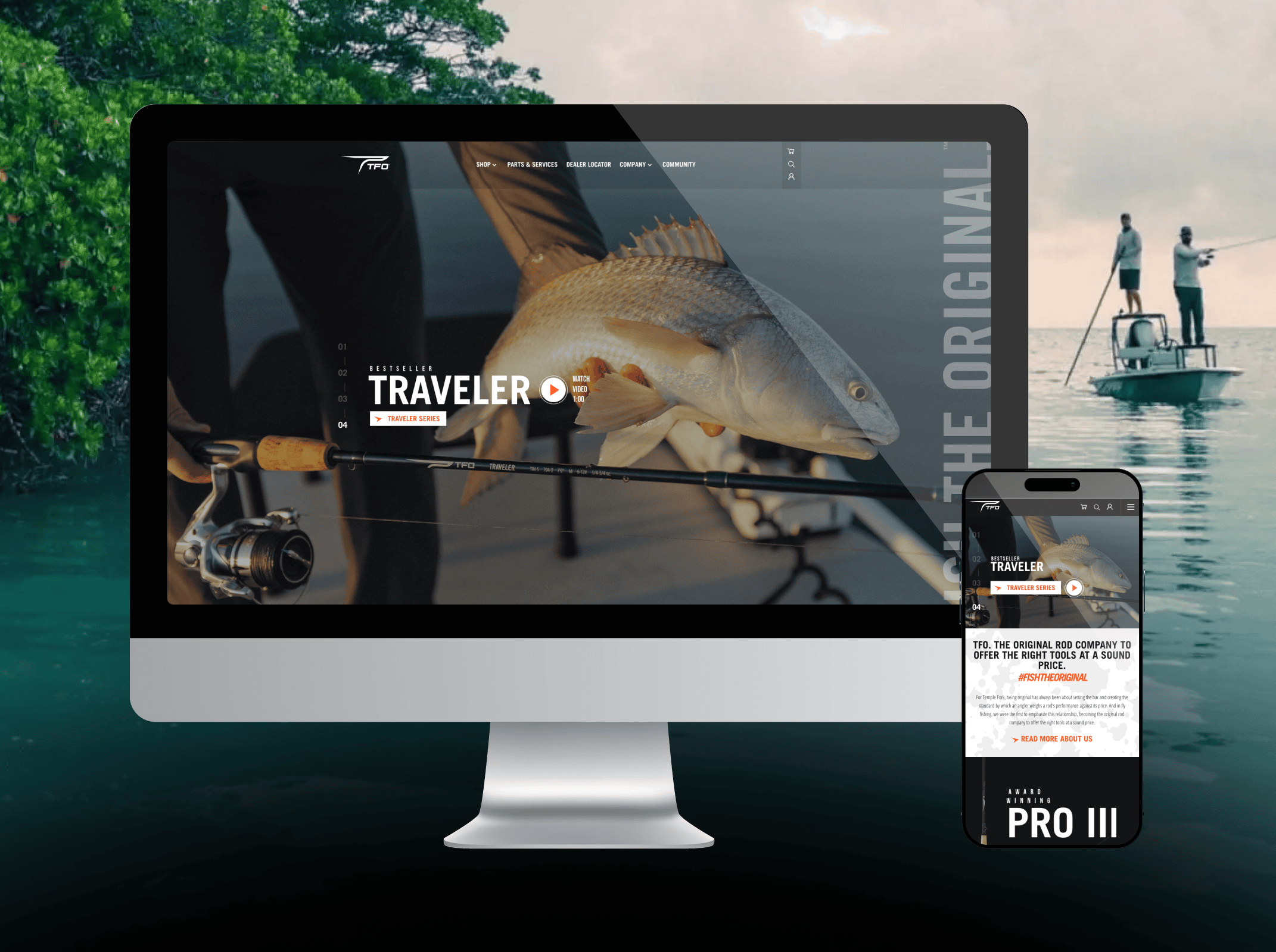 E-commerce + brand site for a fly-fishing rod maker with a deep catalog