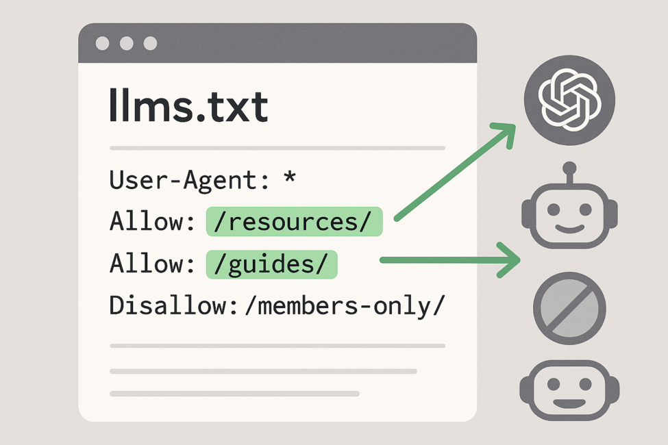 llms.txt file showing highlighted paths for AI bots to follow on a website